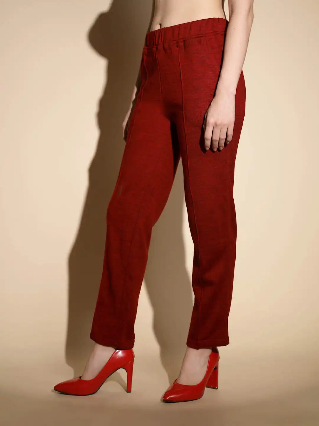Maroon Solid Straight Cut Low Rise Pants - Global Republic