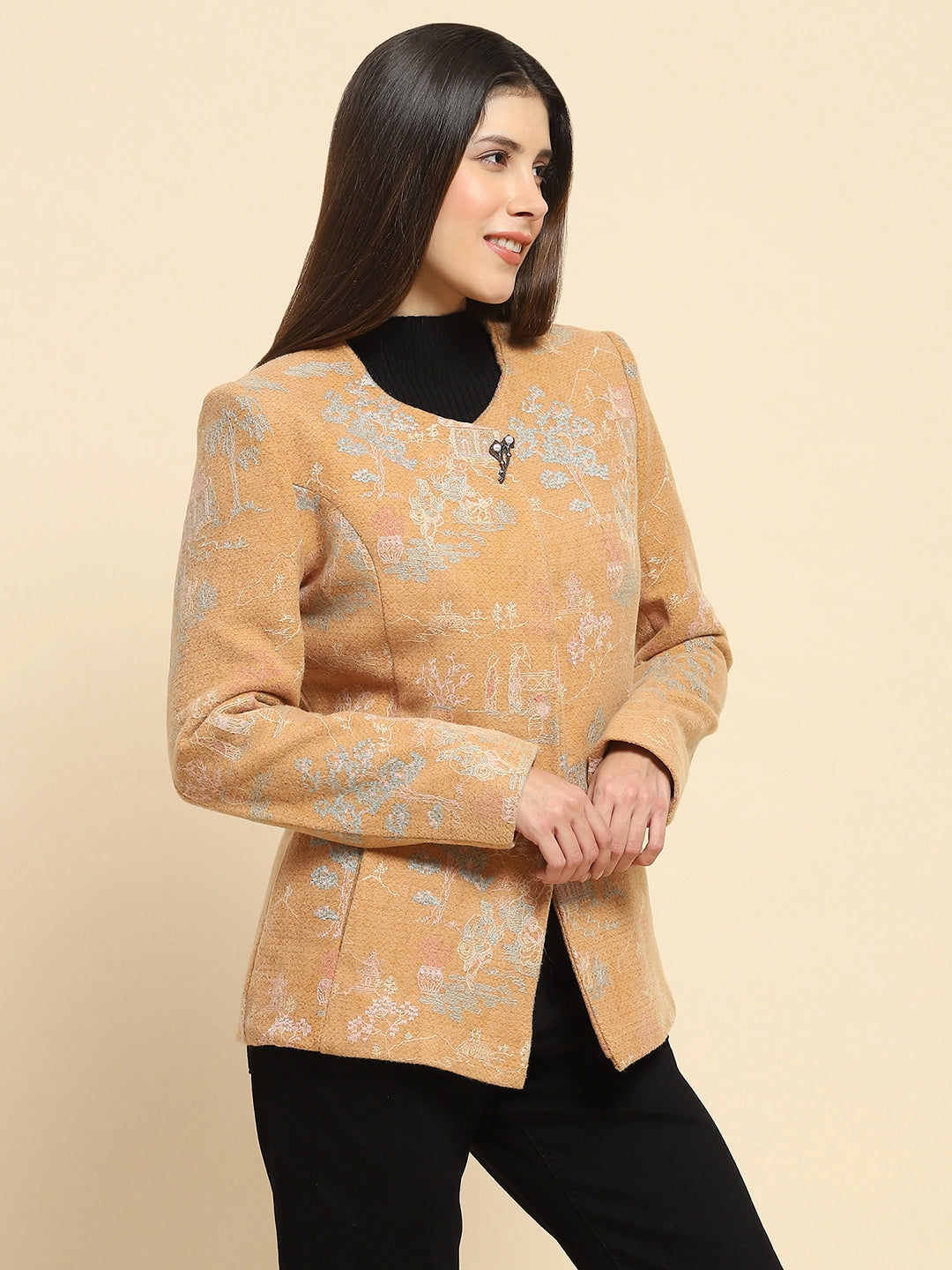 Tan Acrylic Embroidered Winter Coat - Global Republic