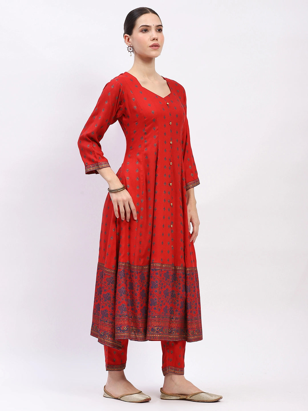 Foil-Printed Muslin Anarkali Suit Set - Global Republic