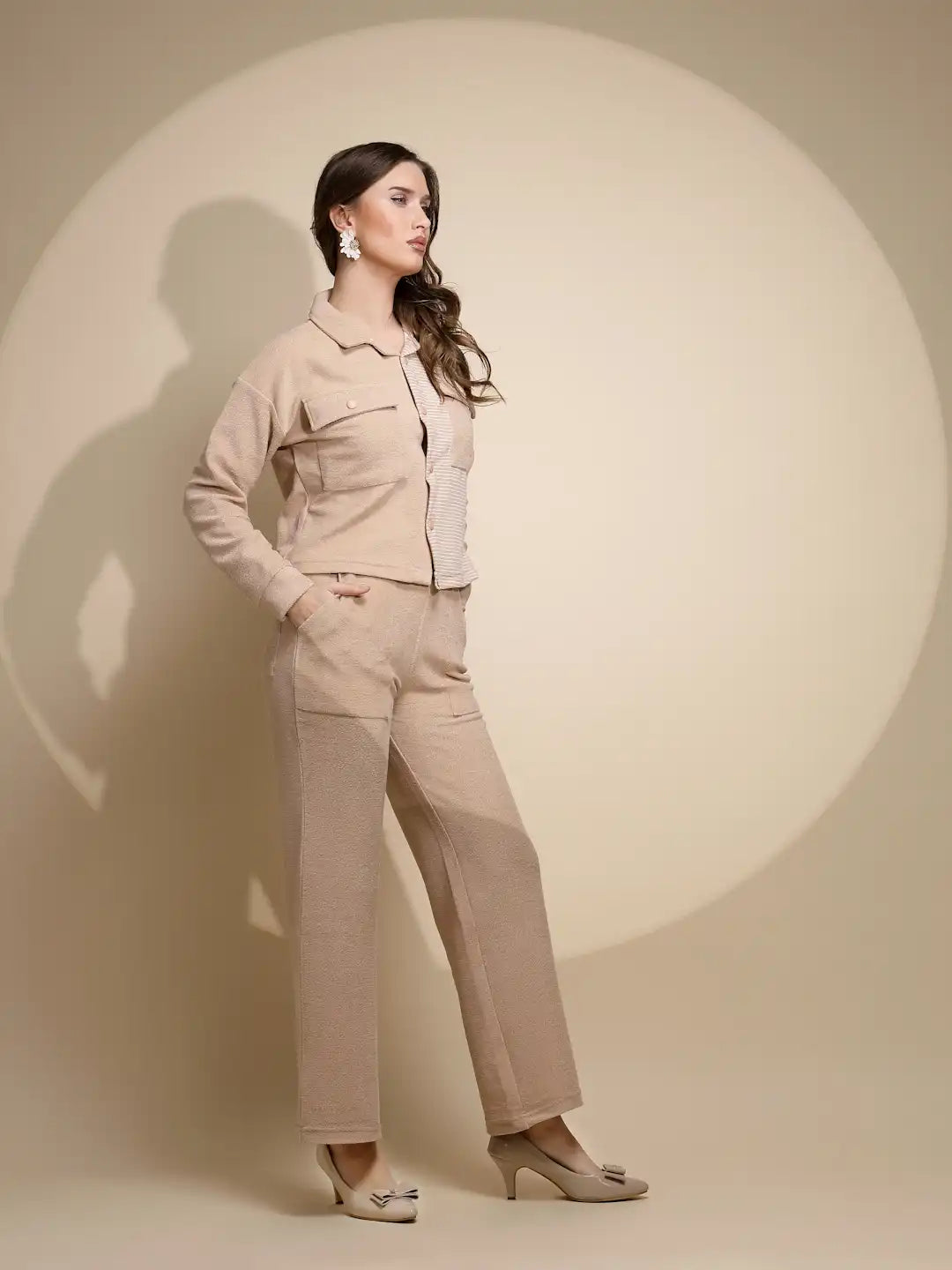 Beige Striped ester Co-ord Set - Global Republic