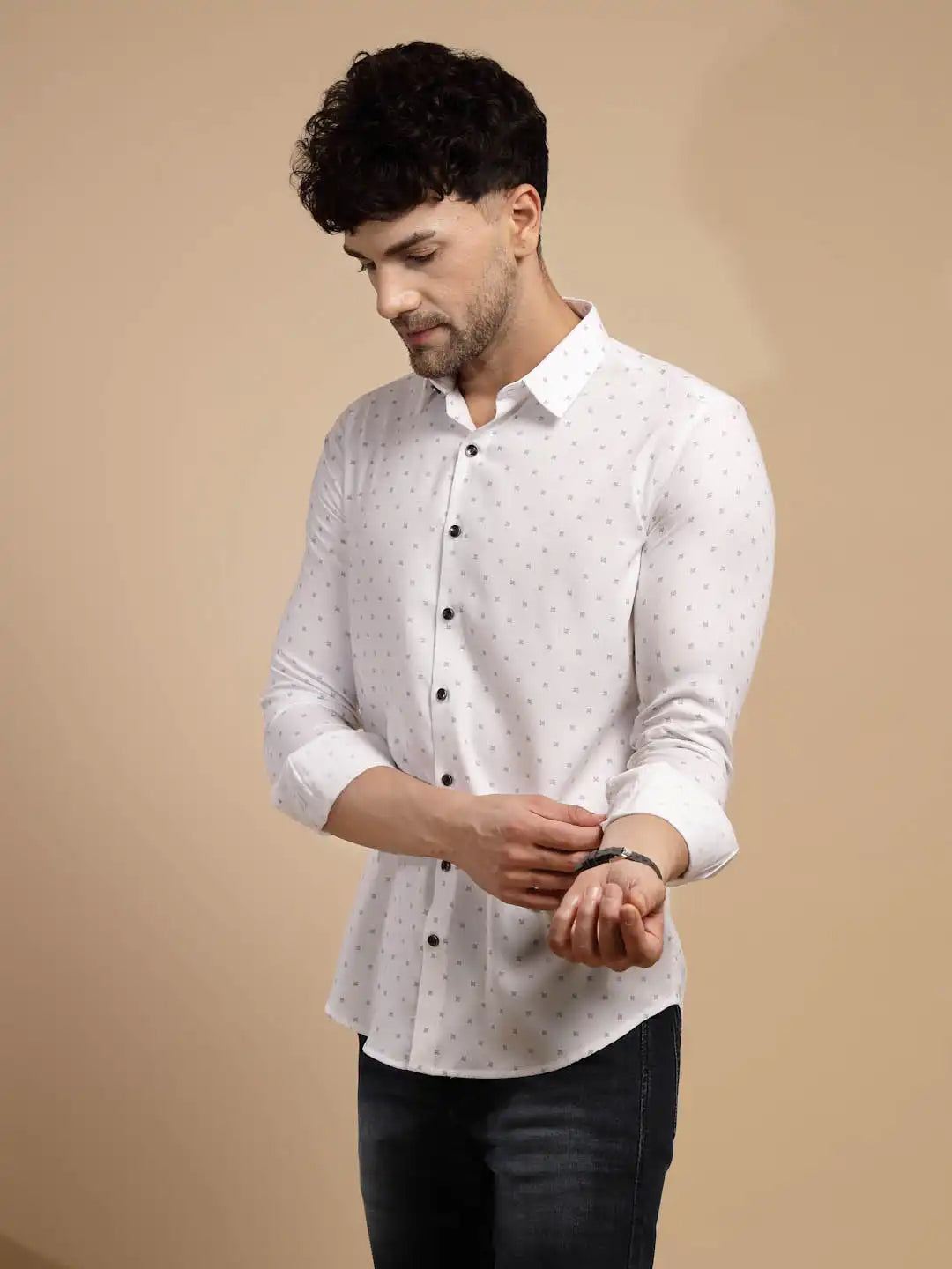 White Printed Full Sleeve Collared Neck Shirt - Global Republic
