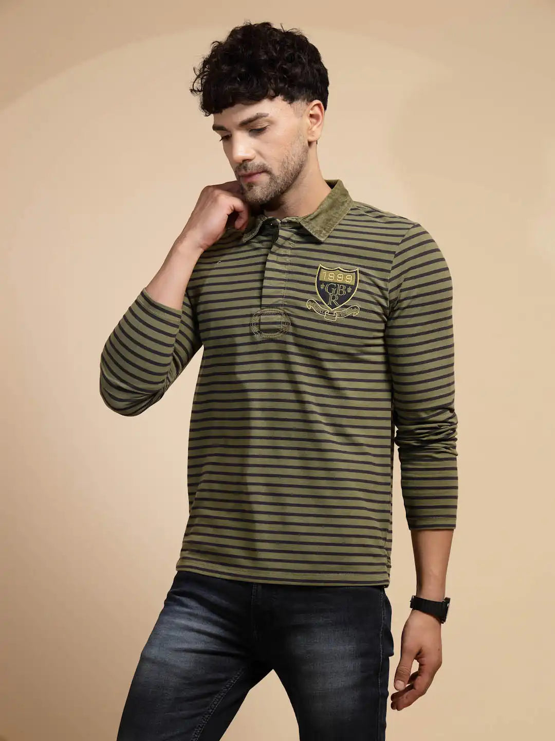 Olive Striped Three Fourth Sleeve T-Shirt - Global Republic