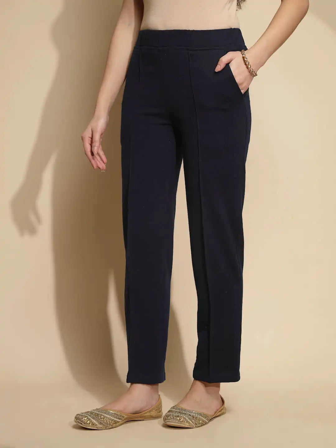 Solid Navy Cotton Mid Rise Ankle Length Pants - Global Republic