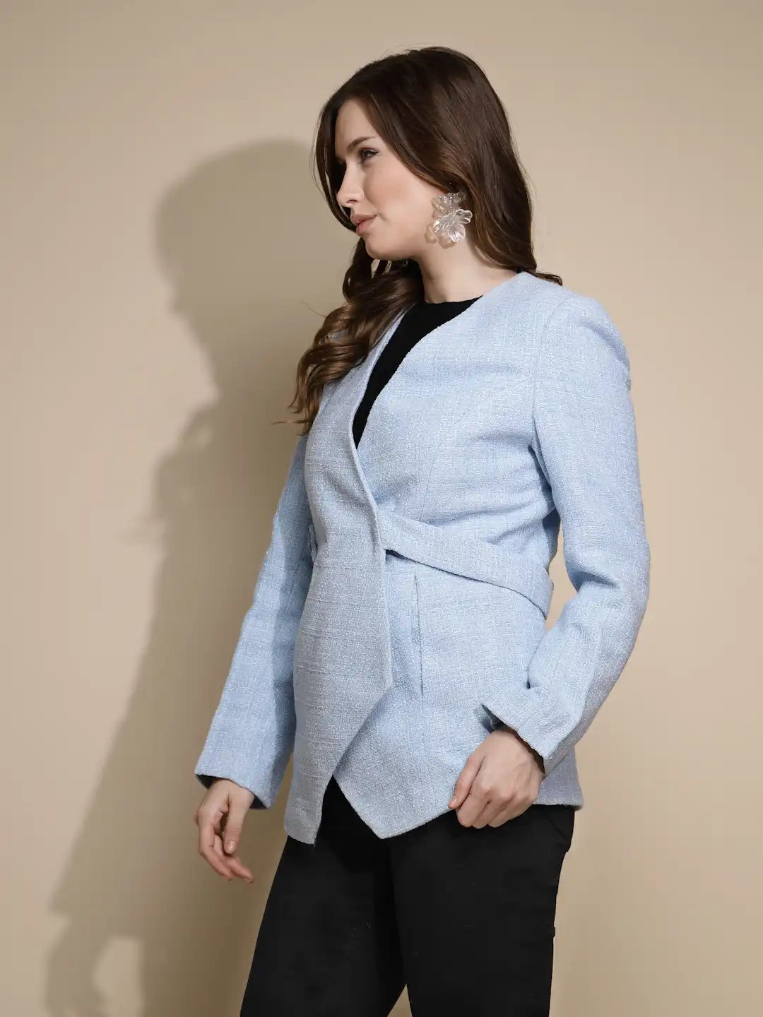 Blue Solid Tweed Coat - Global Republic