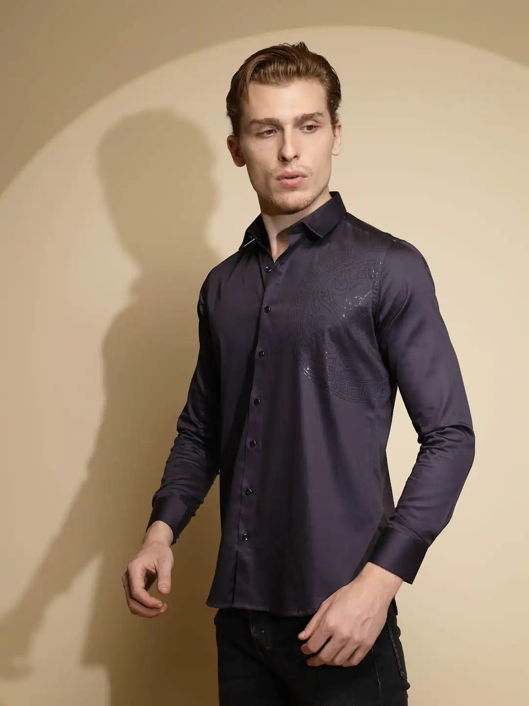 Dark Grey Solid Full Sleeve Collar Neck Cotton Blend Shirt - Global Republic