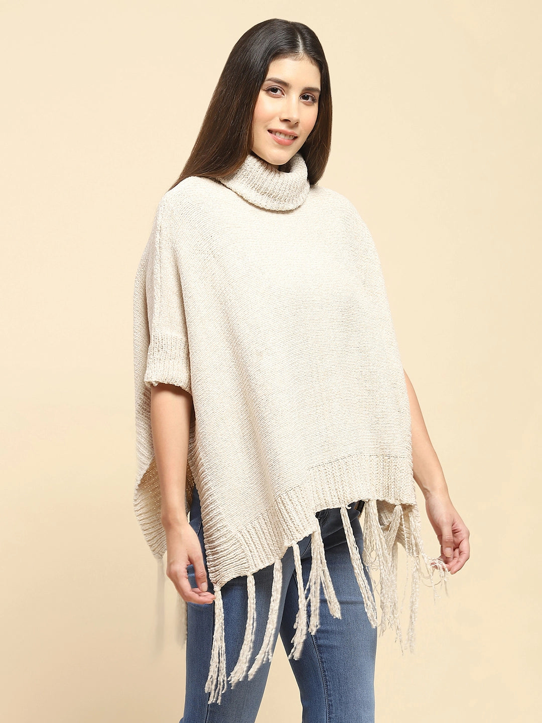 Beige Wool Blend Loose Poncho - Global Republic