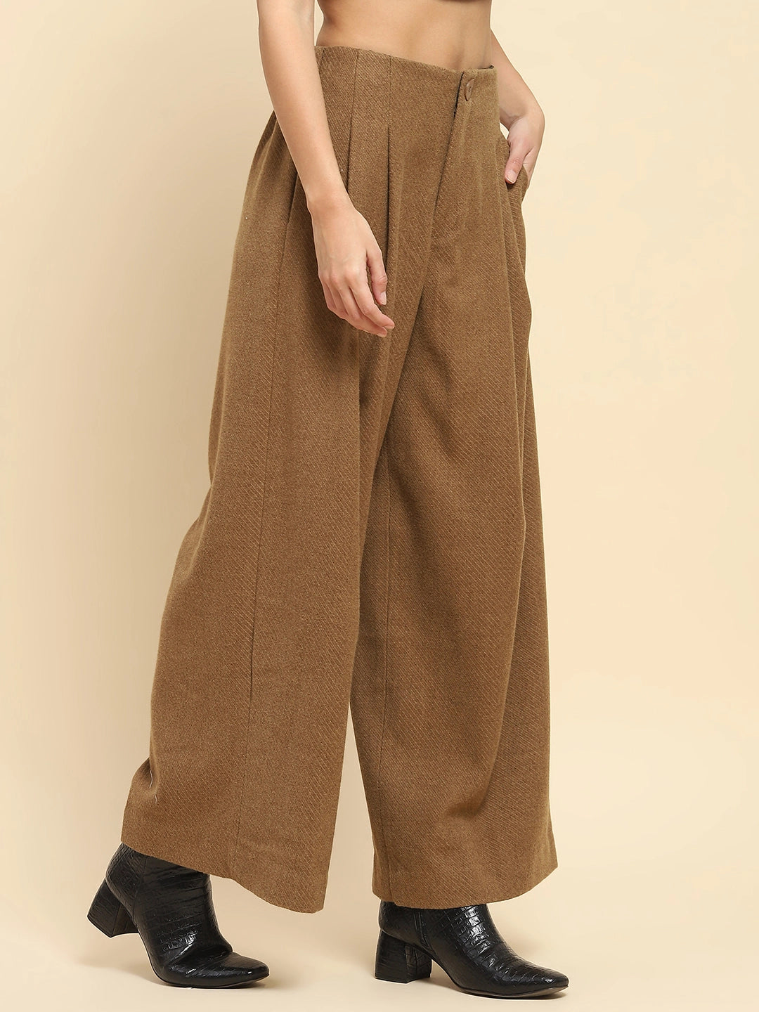 Brown Viscose Wide Leg Winter Trouser - Global Republic