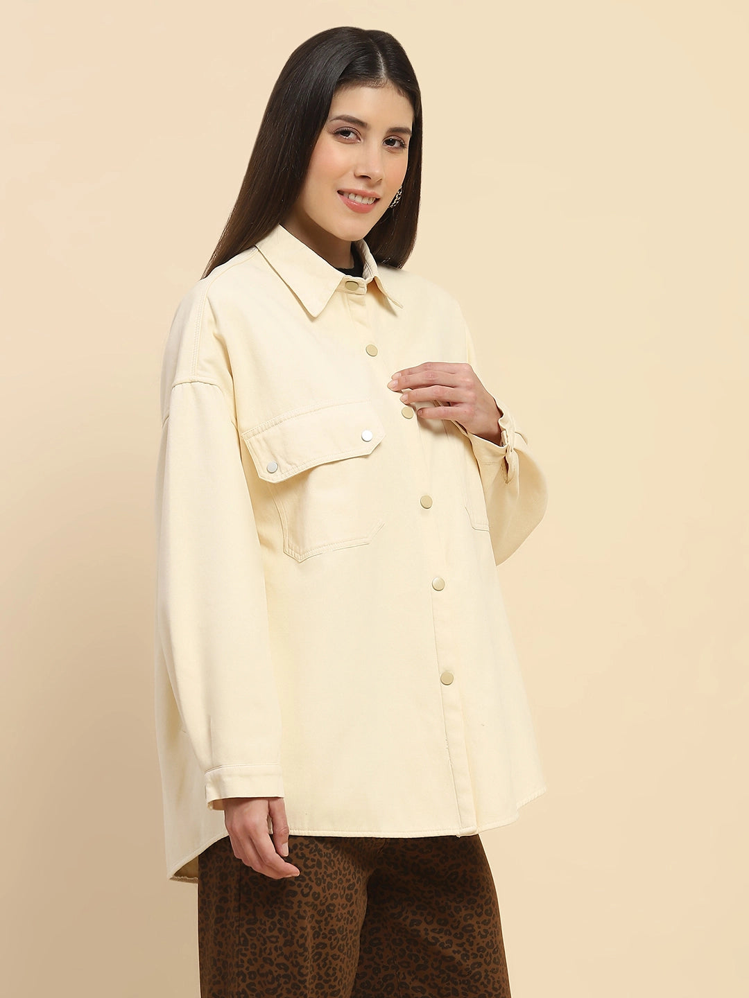 Off White Oversized Fleece Winter Shacket - Global Republic