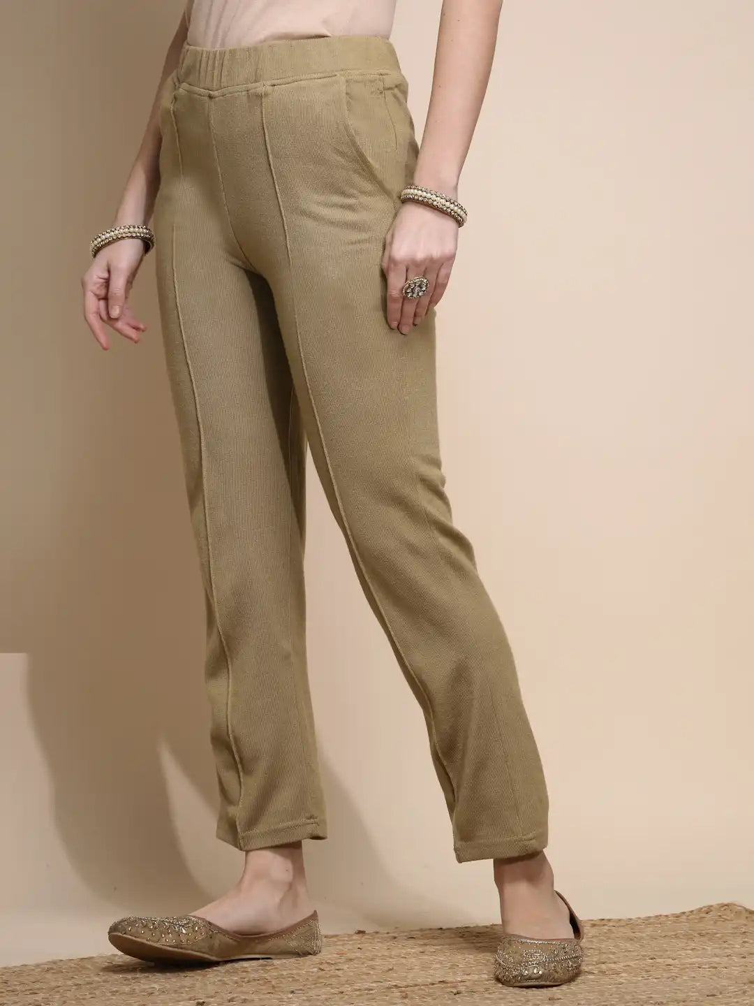 Women Beige Solid Pants Corduroy Mid Rise - Global Republic