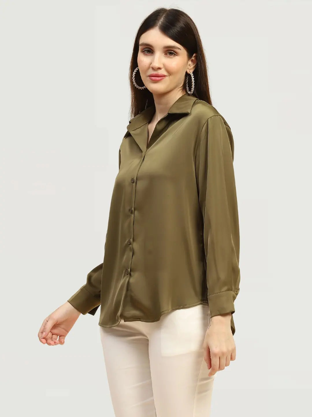 Olive Solid Satin Relaxed Fit Shirt - Global Republic