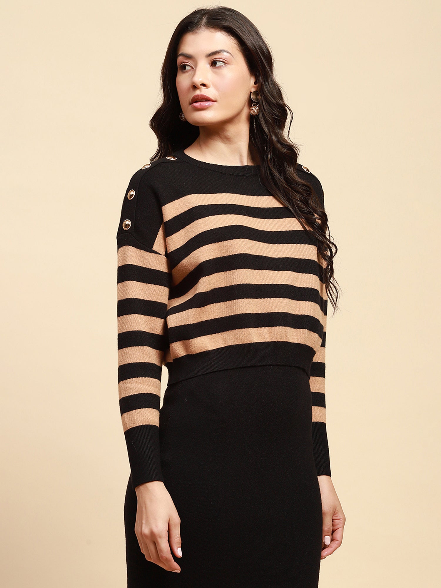 Beige Viscose Blend Boxy Fit Crop Pullover With Dress For Women (Combo Set) -Testing - Global Republic