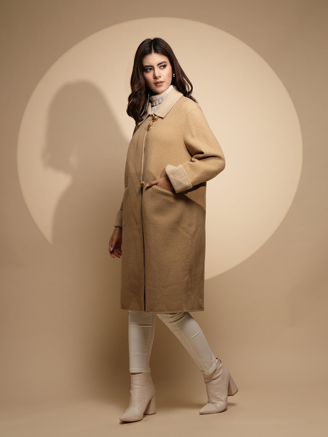 Beige Solid Collared Neck Full Sleeve Wool Coat - Global Republic