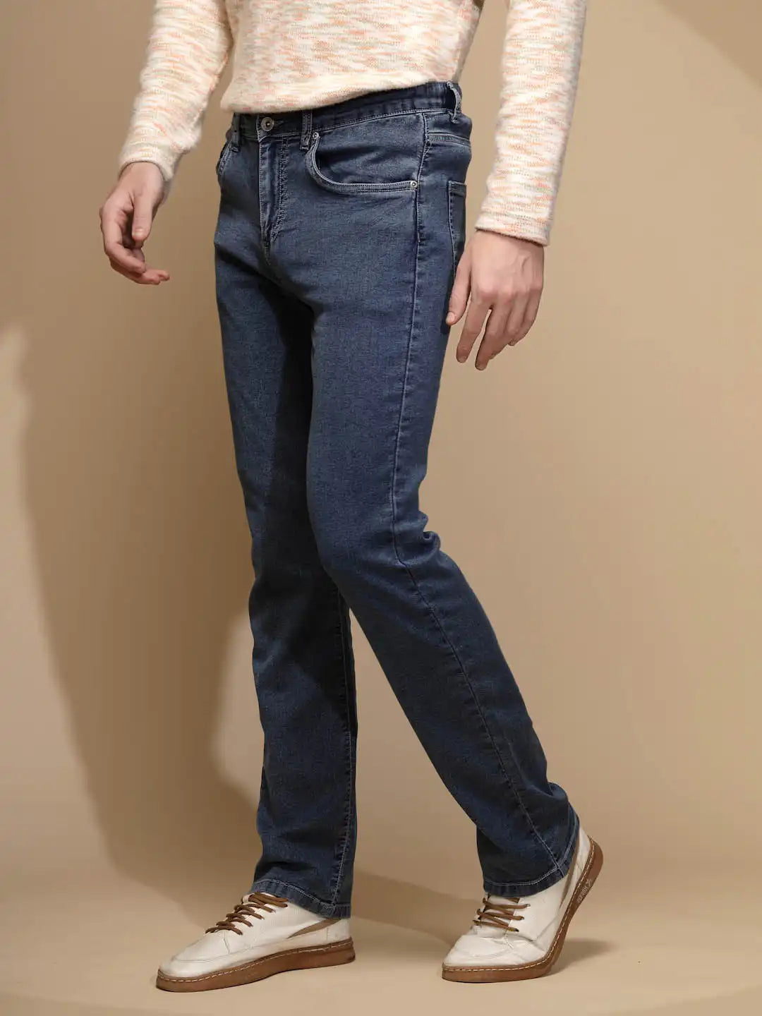 Medium Blue Solid Mid Rise Full Length Straight Slim Fit Cotton Blend Jeans - Global Republic