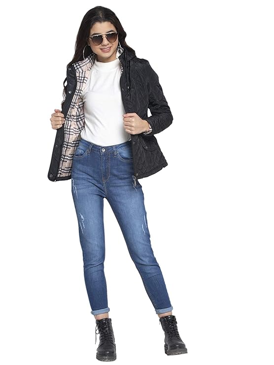 Women Black Hooded Straight Fit Jacket - Global Republic