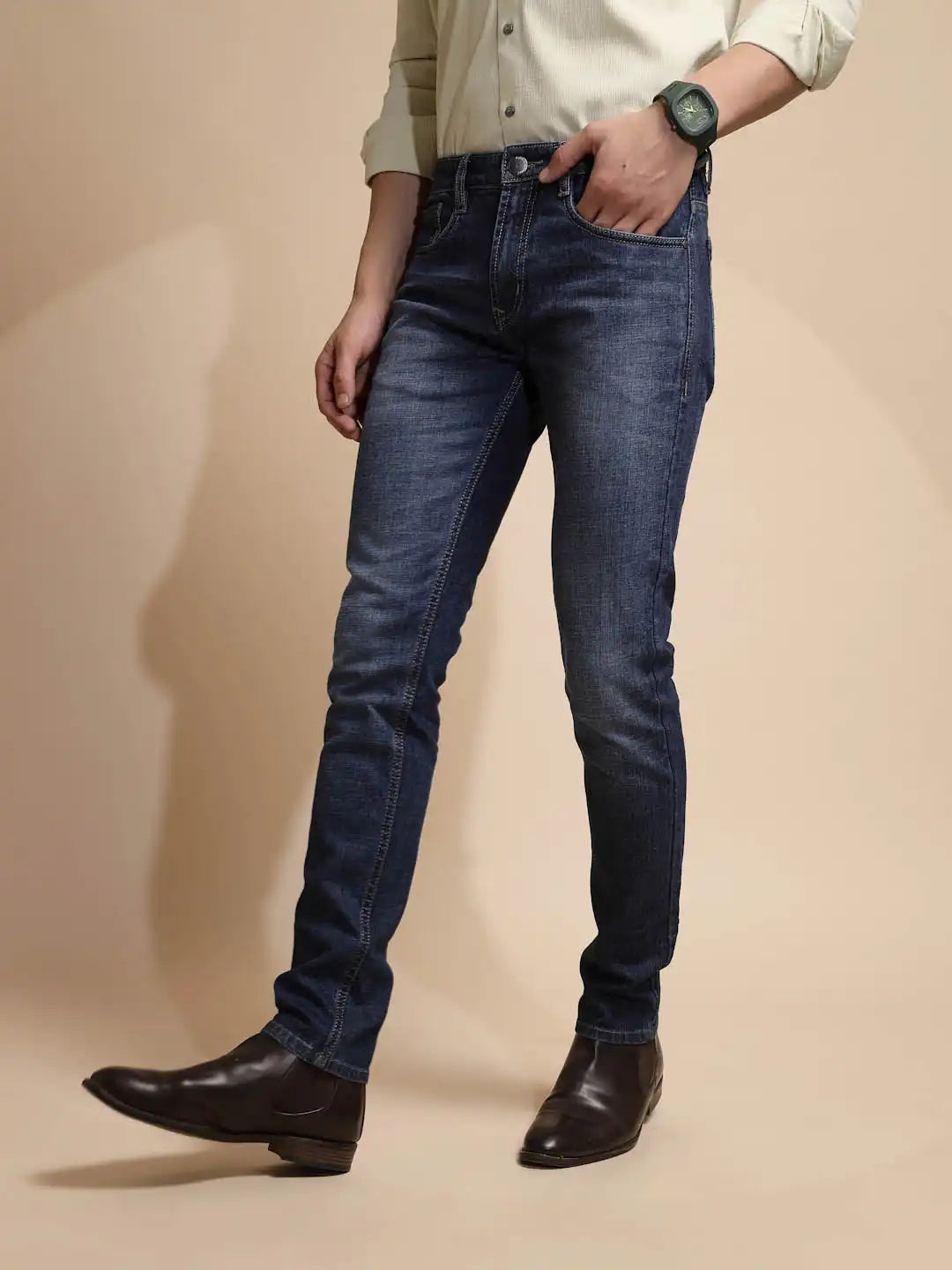 Medium Blue Solid Cotton Blend Jeans - Global Republic