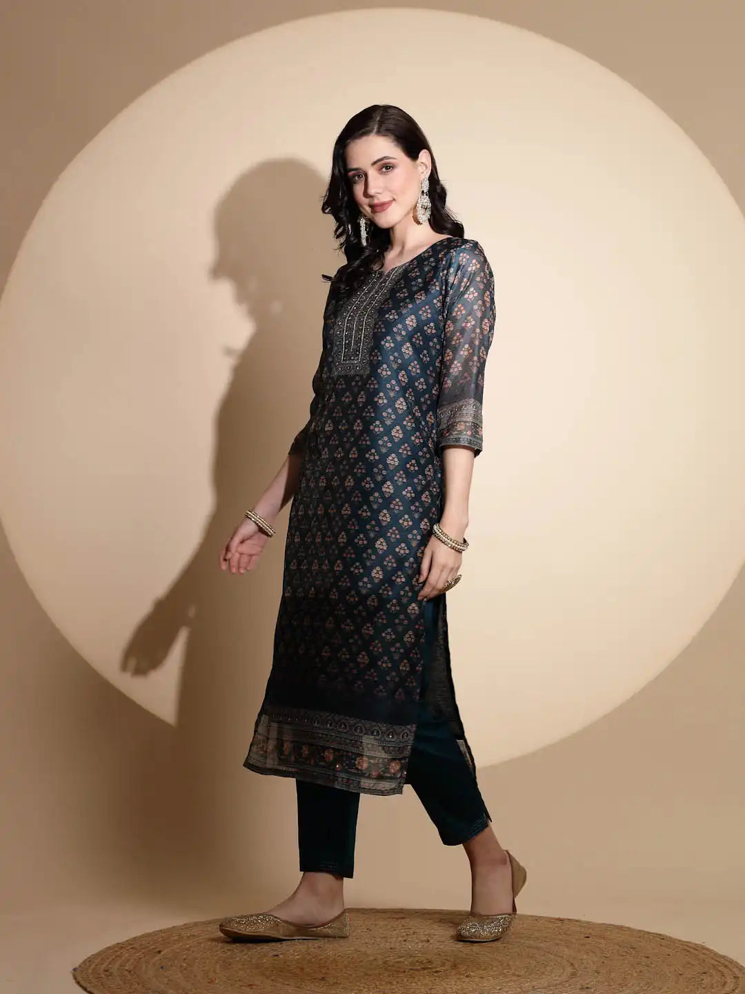 Blue Embroidery Print Three Fourth Sleeve Cotton Kurta Set - Global Republic