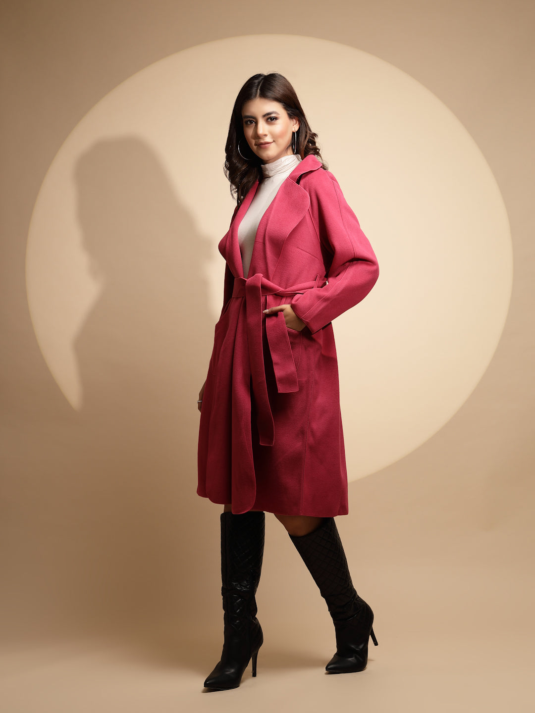 Women Pink Solid Collared Neck Full Sleeve Suede Long Wrap Coat - Global Republic