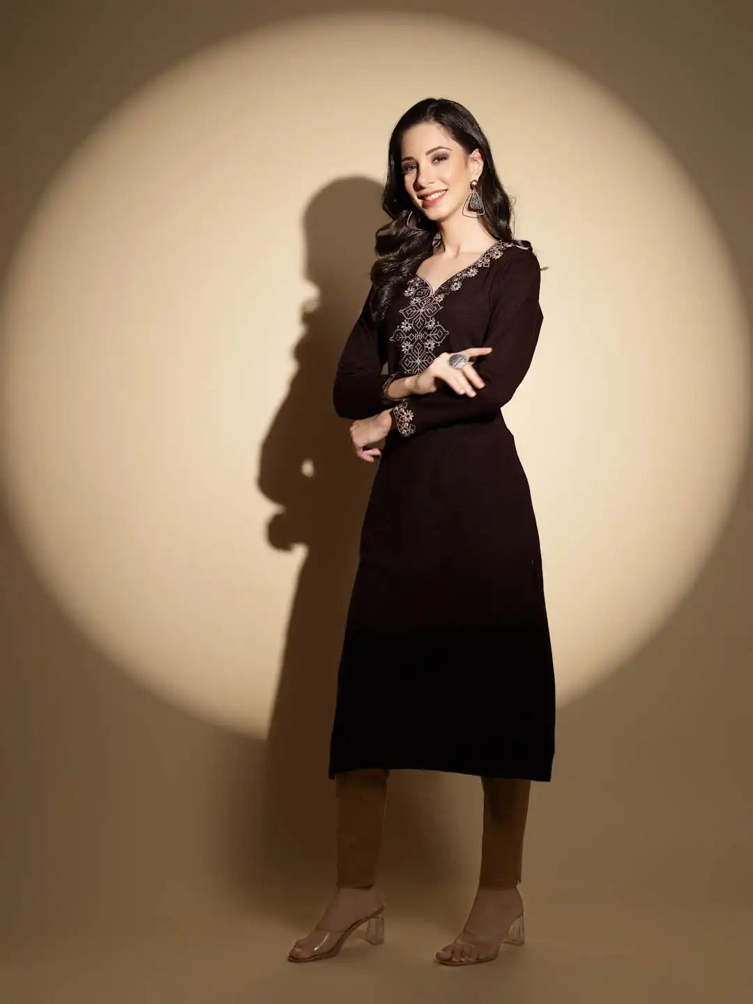 Wine Embroidered Raglan Cut Crew Neck Woolen Straight Fit Kurta - Global Republic