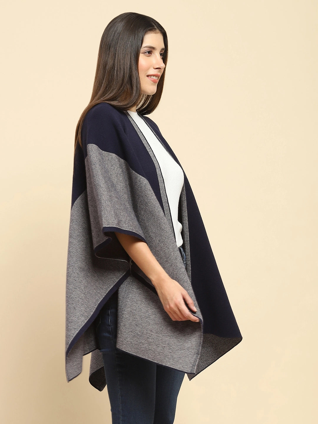 Navy Blue Wool Blend Winter Shrug - Global Republic