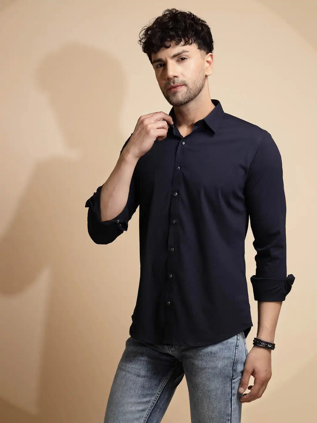 Navy Blue Solid Full Sleeve Collared Neck Shirt - Global Republic