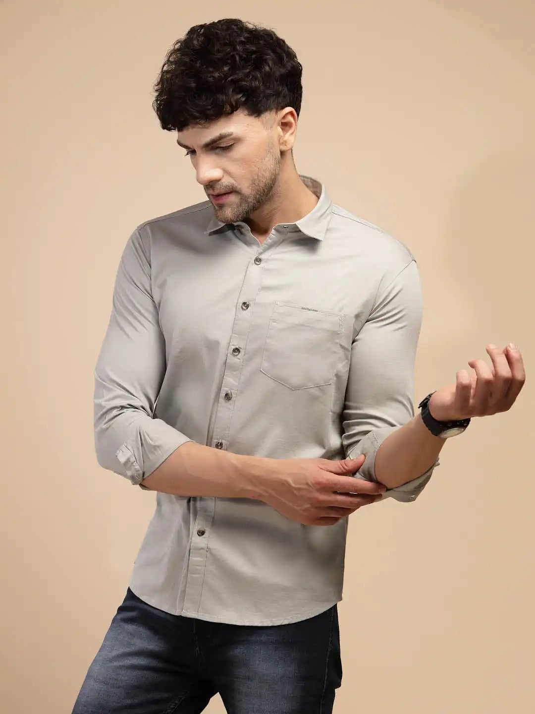 Grey Solid Full Sleeve Collared Neck Cotton Blend Shirt - Global Republic