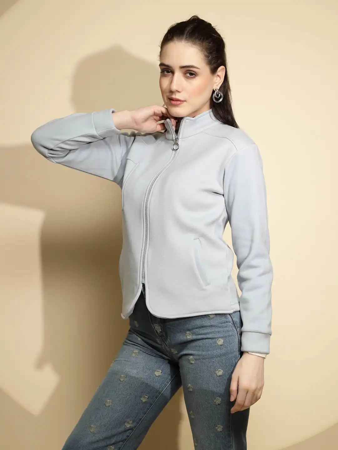 Light Blue Solid Full Sleeve Turtle Neck Fleece Sweatshirt - Global Republic