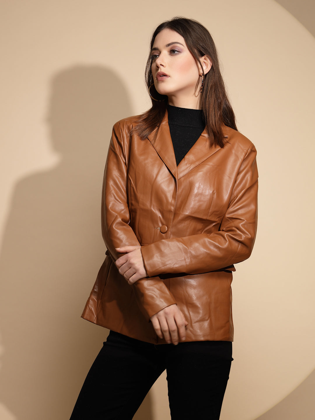 Brown Collared Neck Leather Coat - Global Republic