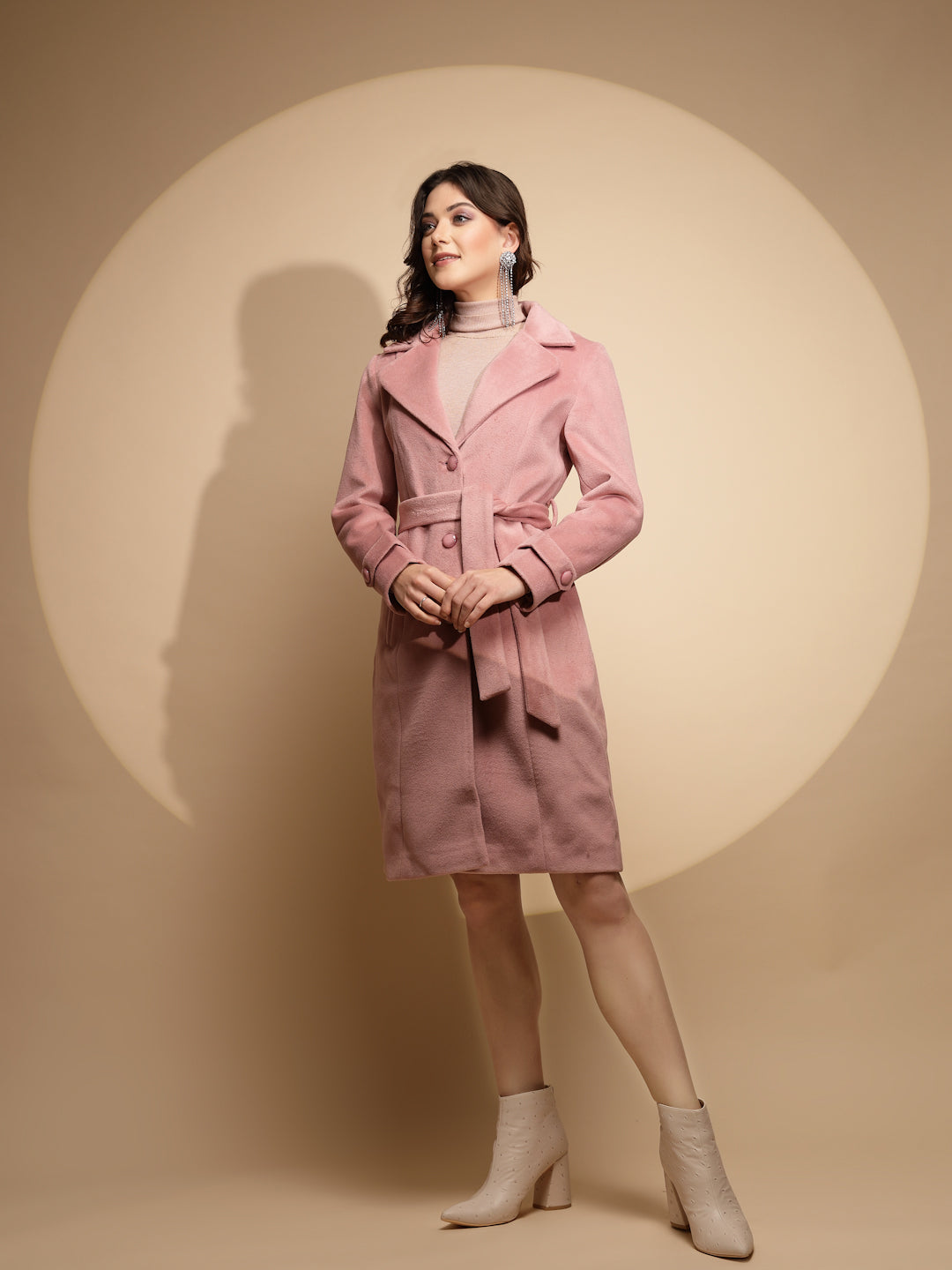 Women Dusty Pink Solid Collared Neck Full Sleeve Woolen Long Coat - Global Republic