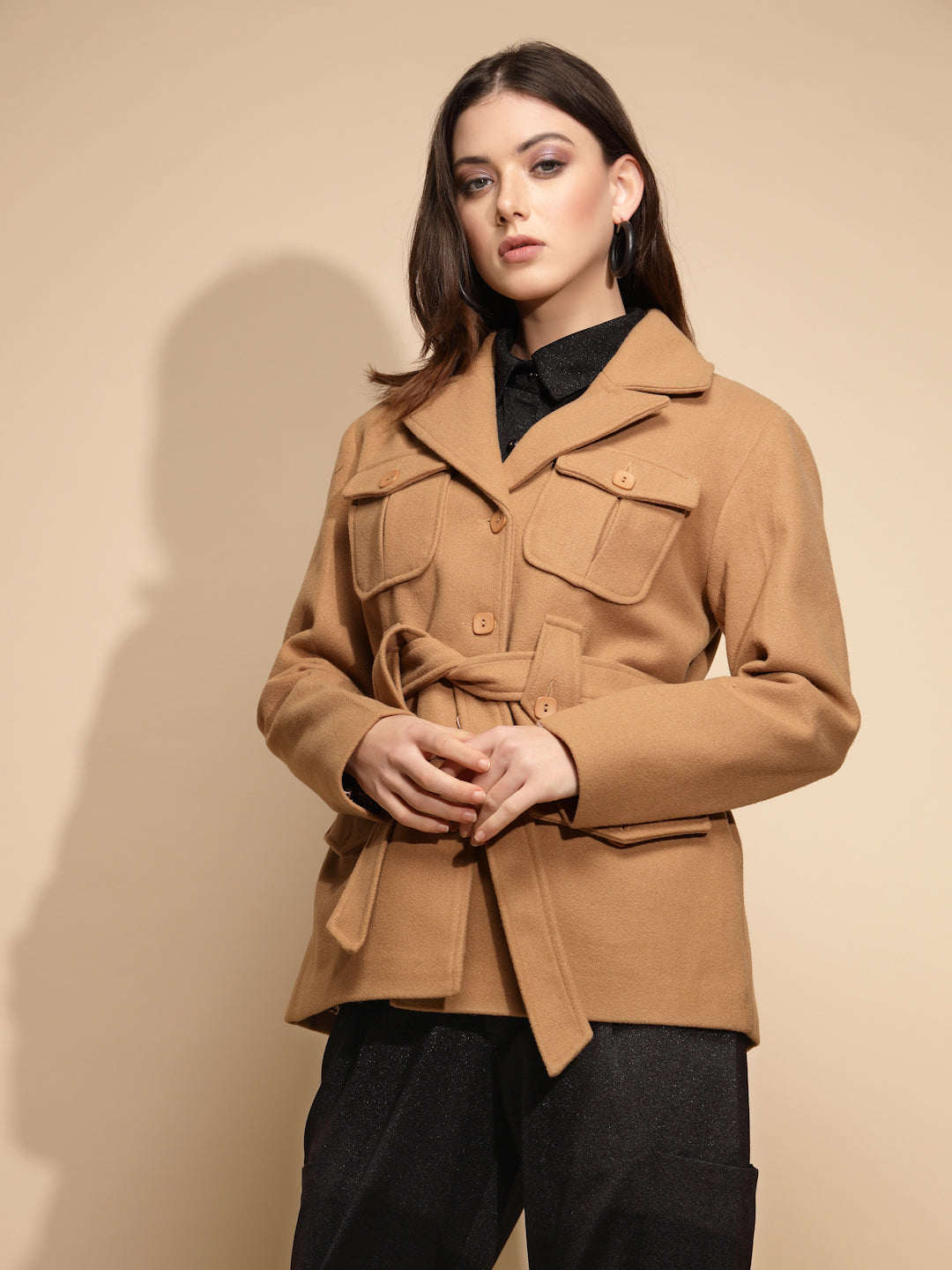Brown Solid Knitted Wrap Coat - Global Republic