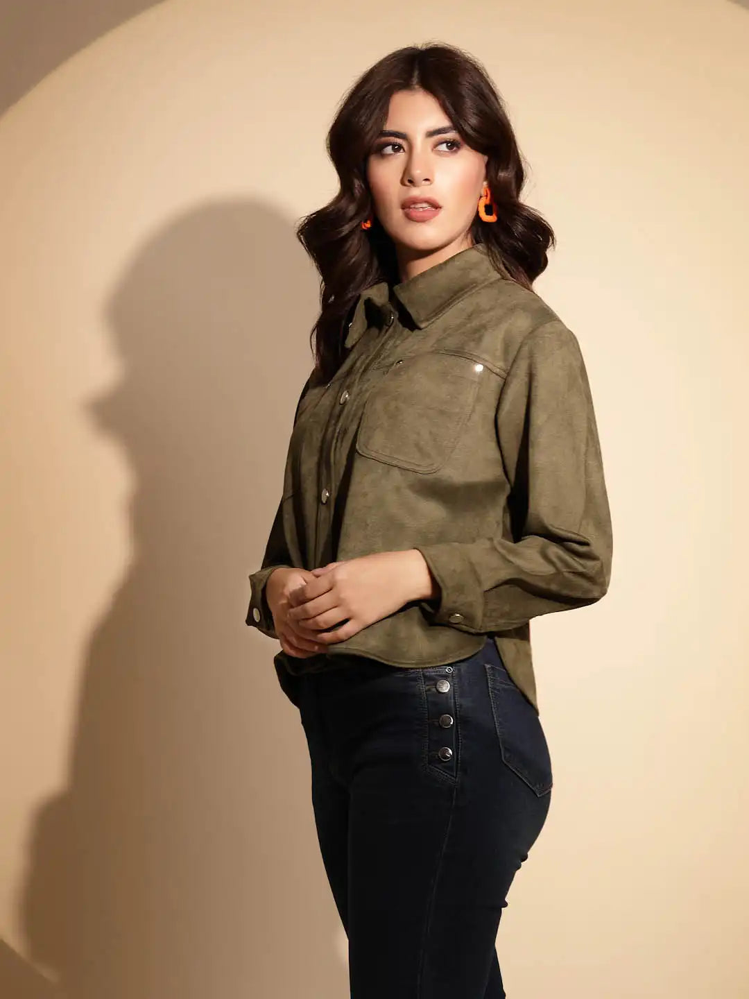 Olive Green Solid Suede Shacket - Global Republic