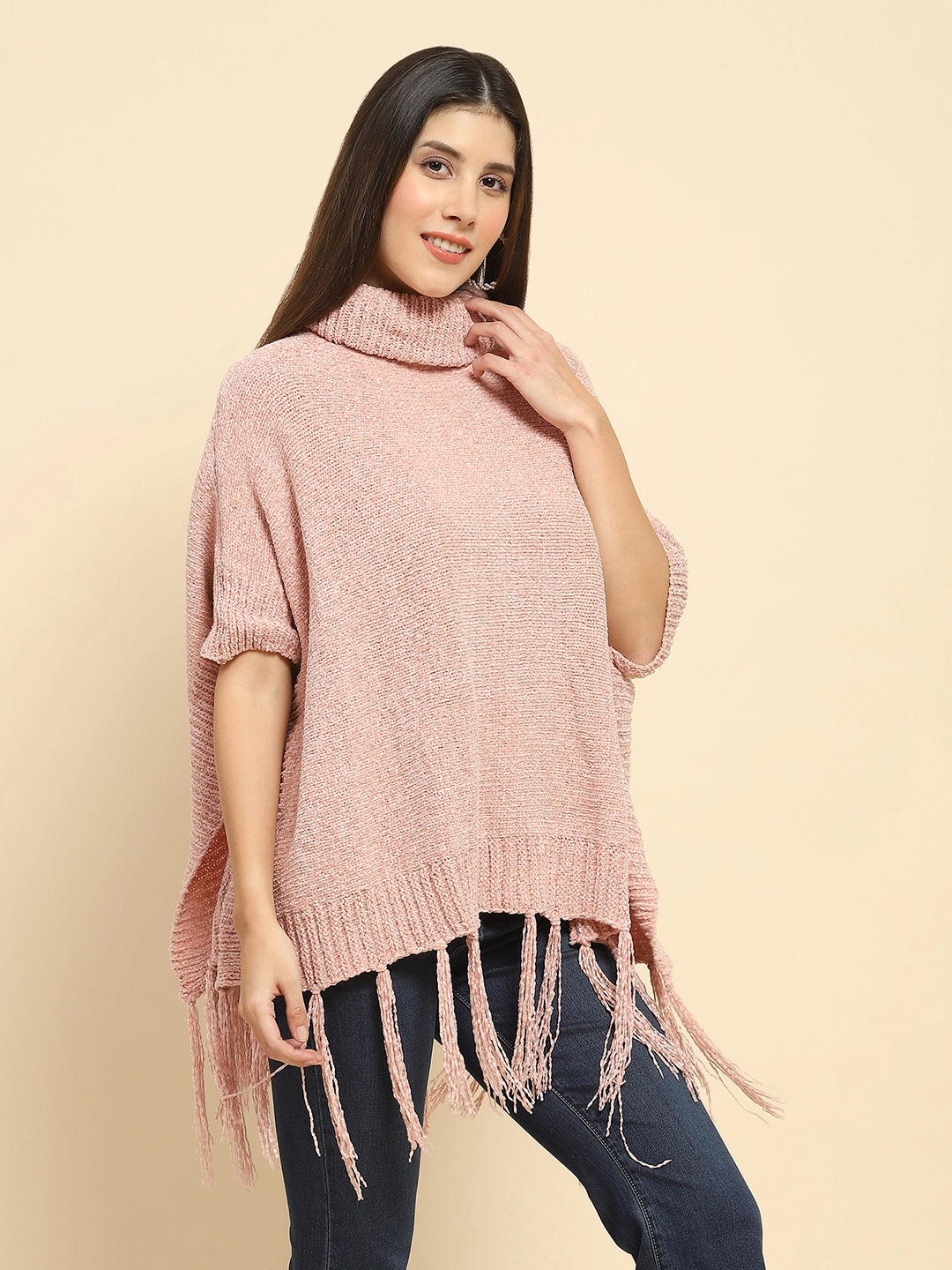Pink Wool Blend Knit Loose Poncho - Global Republic