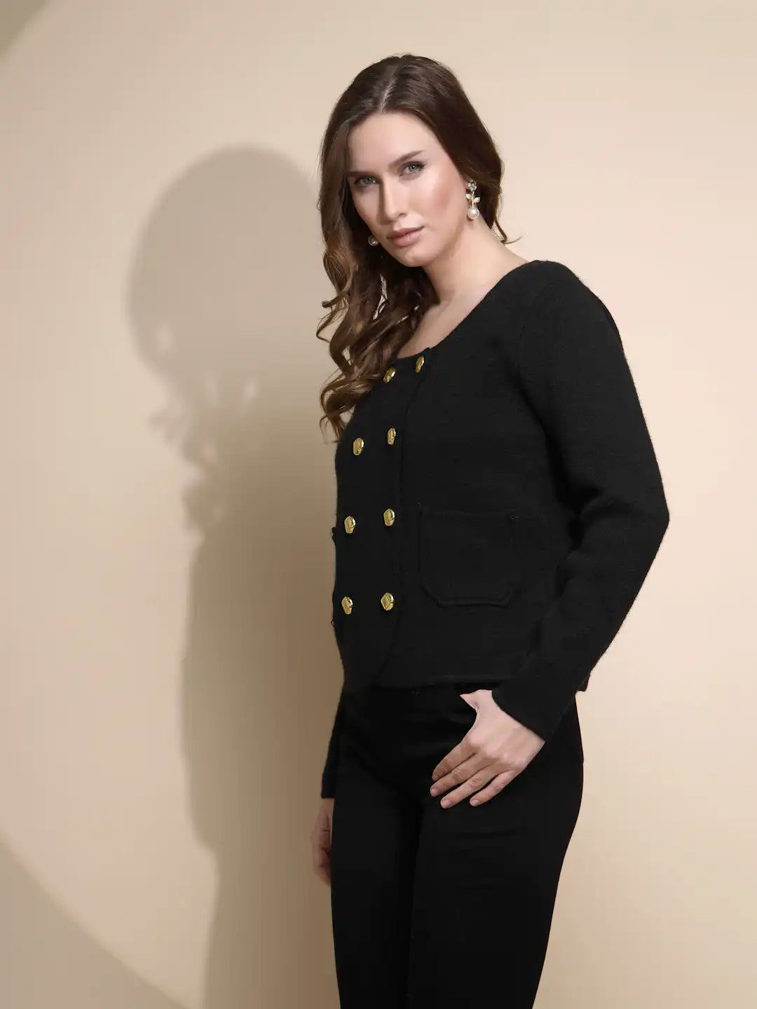 Women Black Solid Full Sleeve Round Neck Knitted Winter Pea Coat