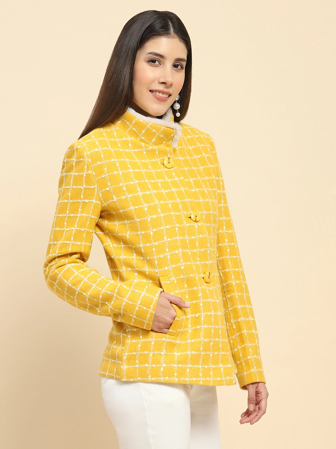 Mustard Acrylic Check Winter Coat - Global Republic