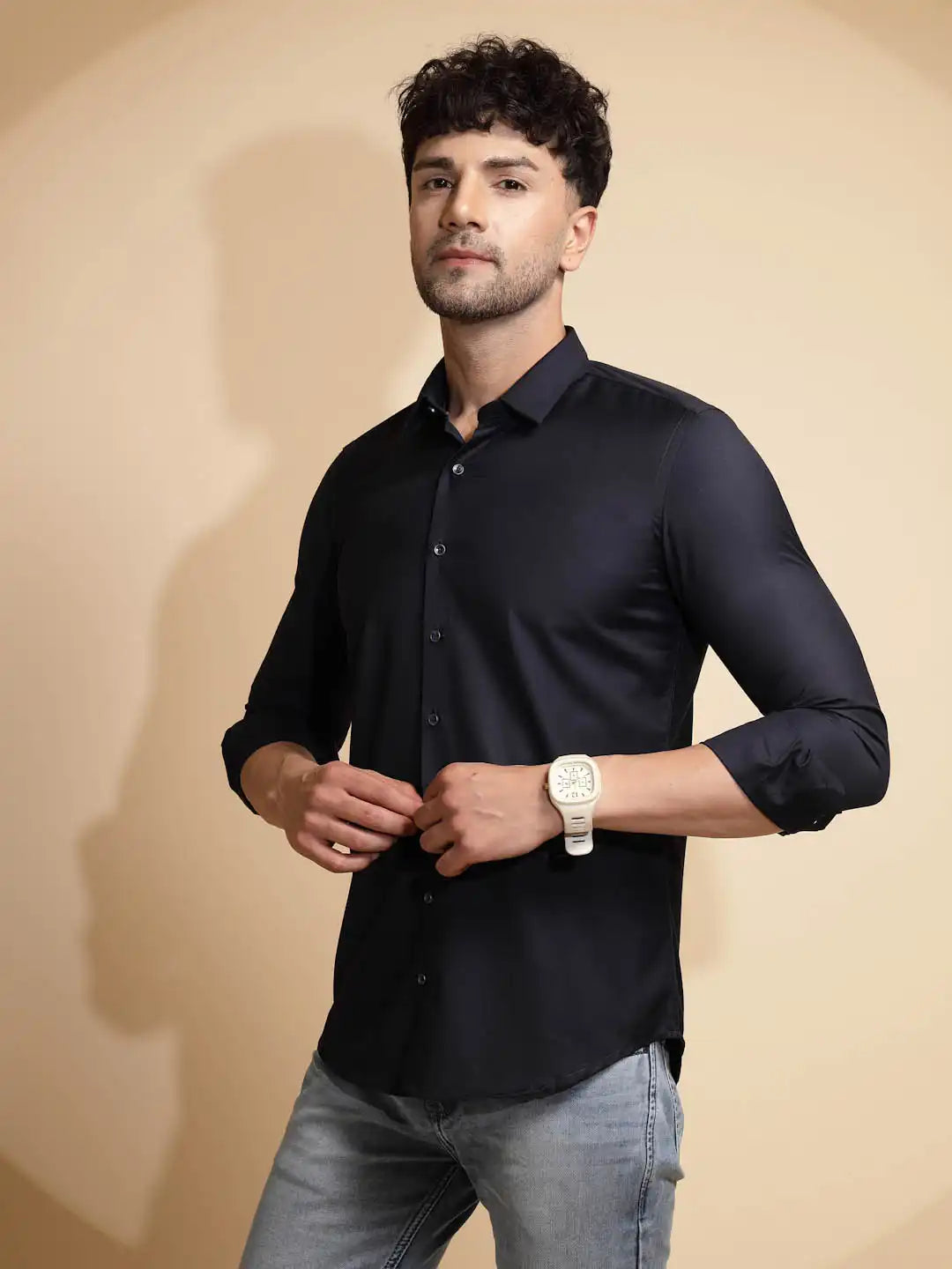 Blue Solid Full Sleeve Collar Neck Cotton Blend Shirt - Global Republic