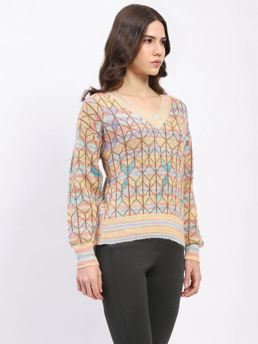 Multicolor Geometric V-Neck Pullover - Global Republic