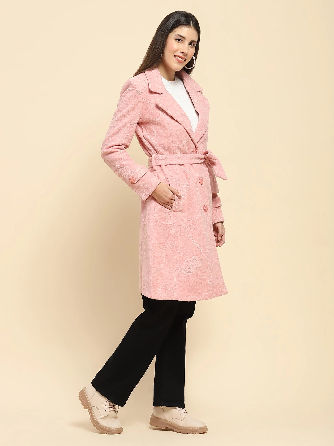 Pink Self Design Long Winter Coat - Global Republic