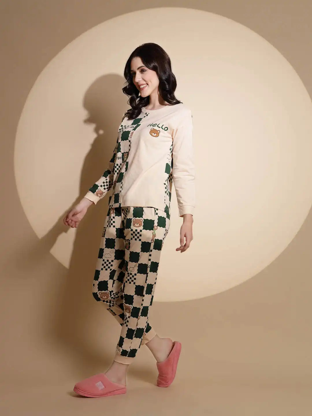 Peach and Green Hosiery Printed Top & Pyjama Night Suit Set - Global Republic