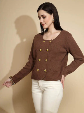 Brown Solid Full Sleeve Round Neck Acrylic Winter Pea Coat