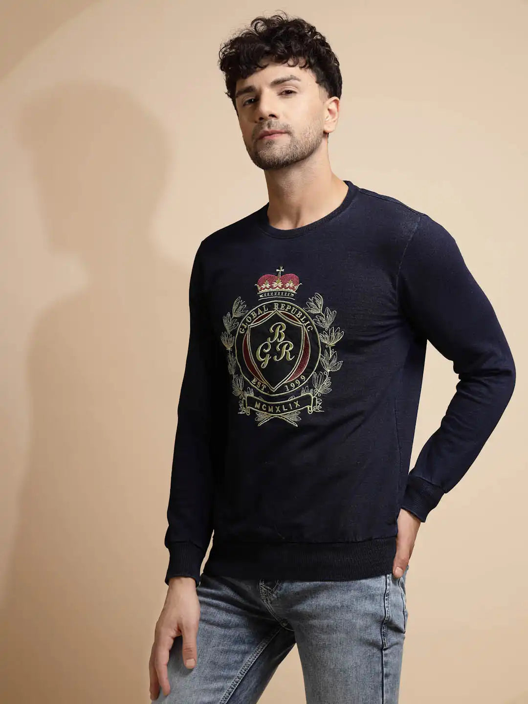 Dark Blue Solid Hosiery Sweatshirt - Global Republic