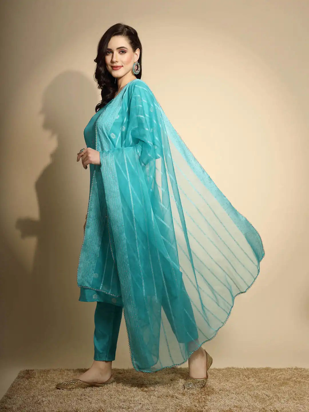 Firozi Foil Printed Silk Kurta Bottom Set With Organza Dupatta - Global Republic