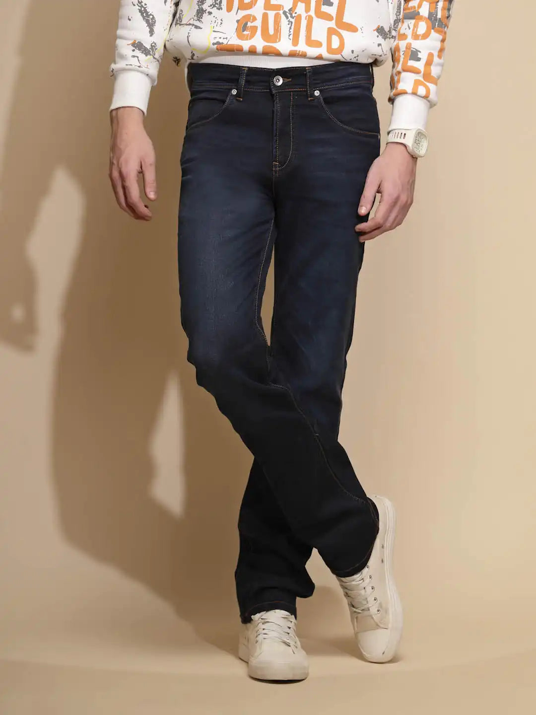 Dark Blue Solid Mid Rise Straight Fit Cotton Blend Jeans - Global Republic