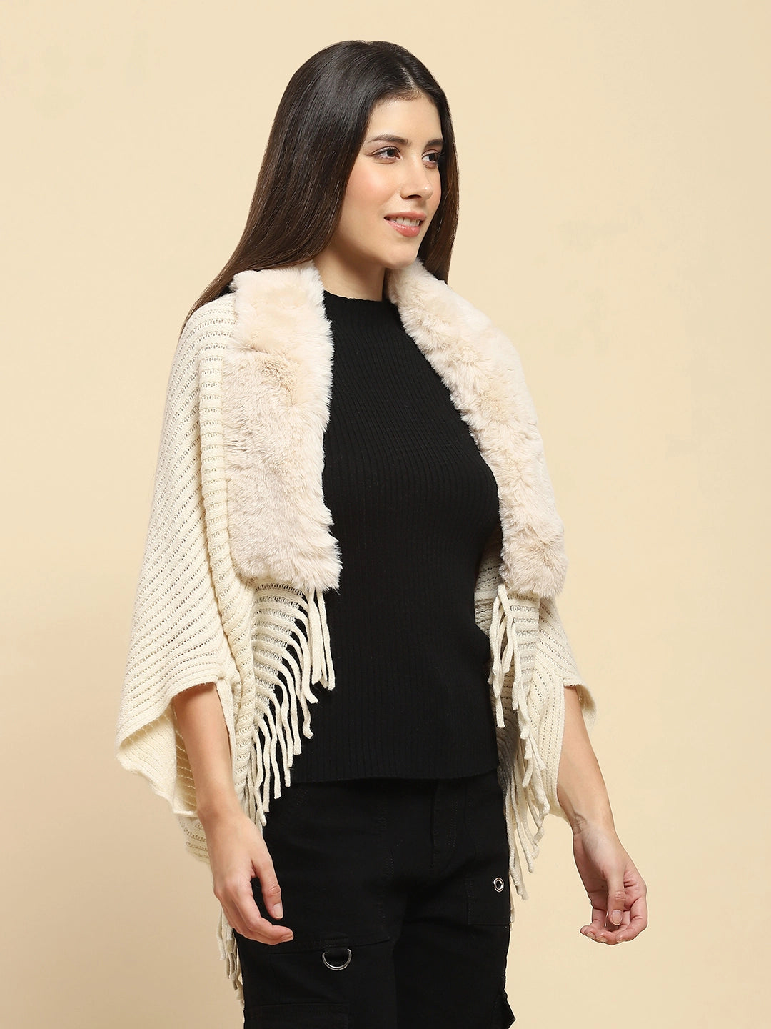 Off White Acrylic Knitted Relaxed Fit Cape - Global Republic