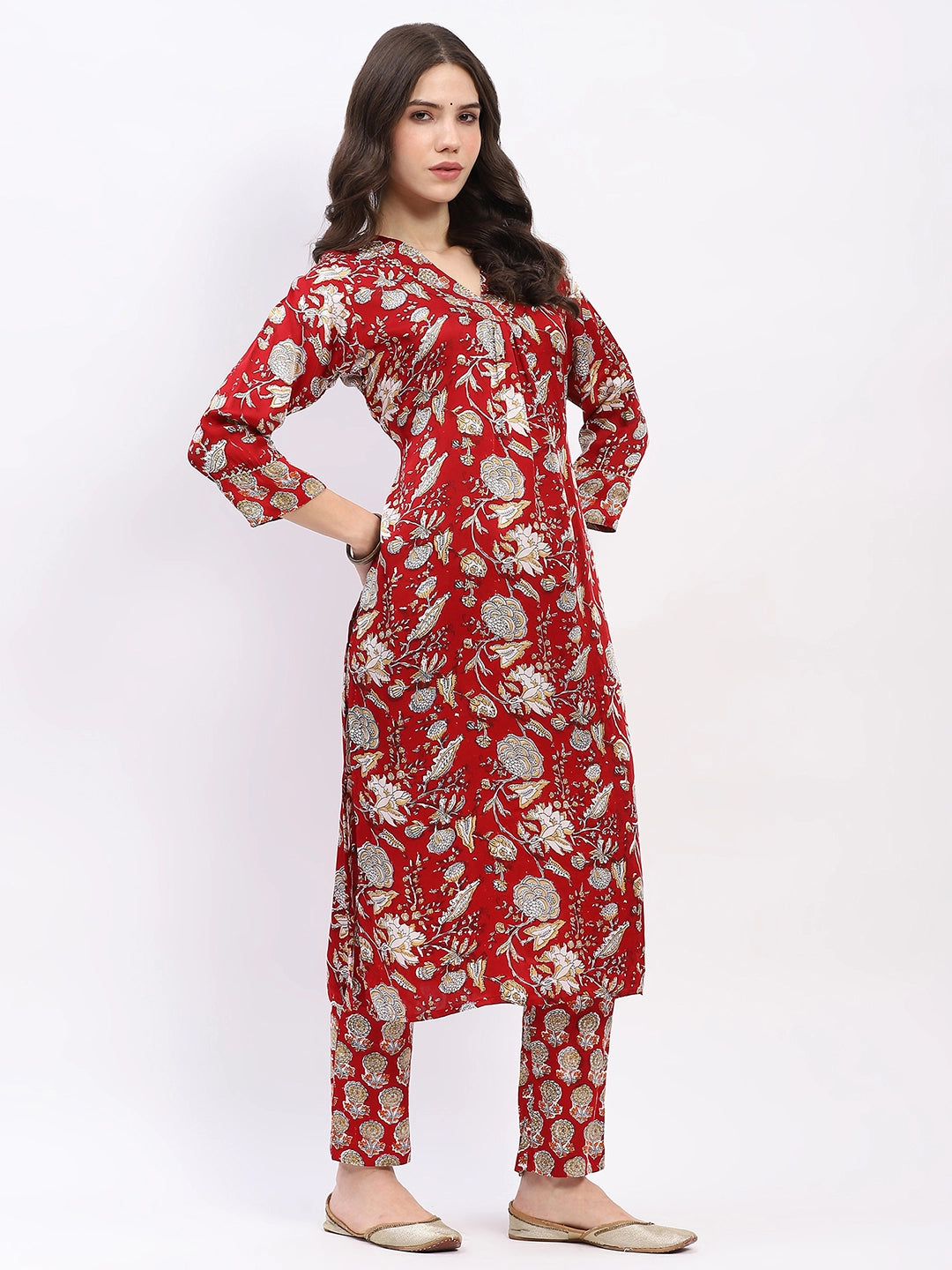 Floral Elegance Red Kurta Set - Global Republic