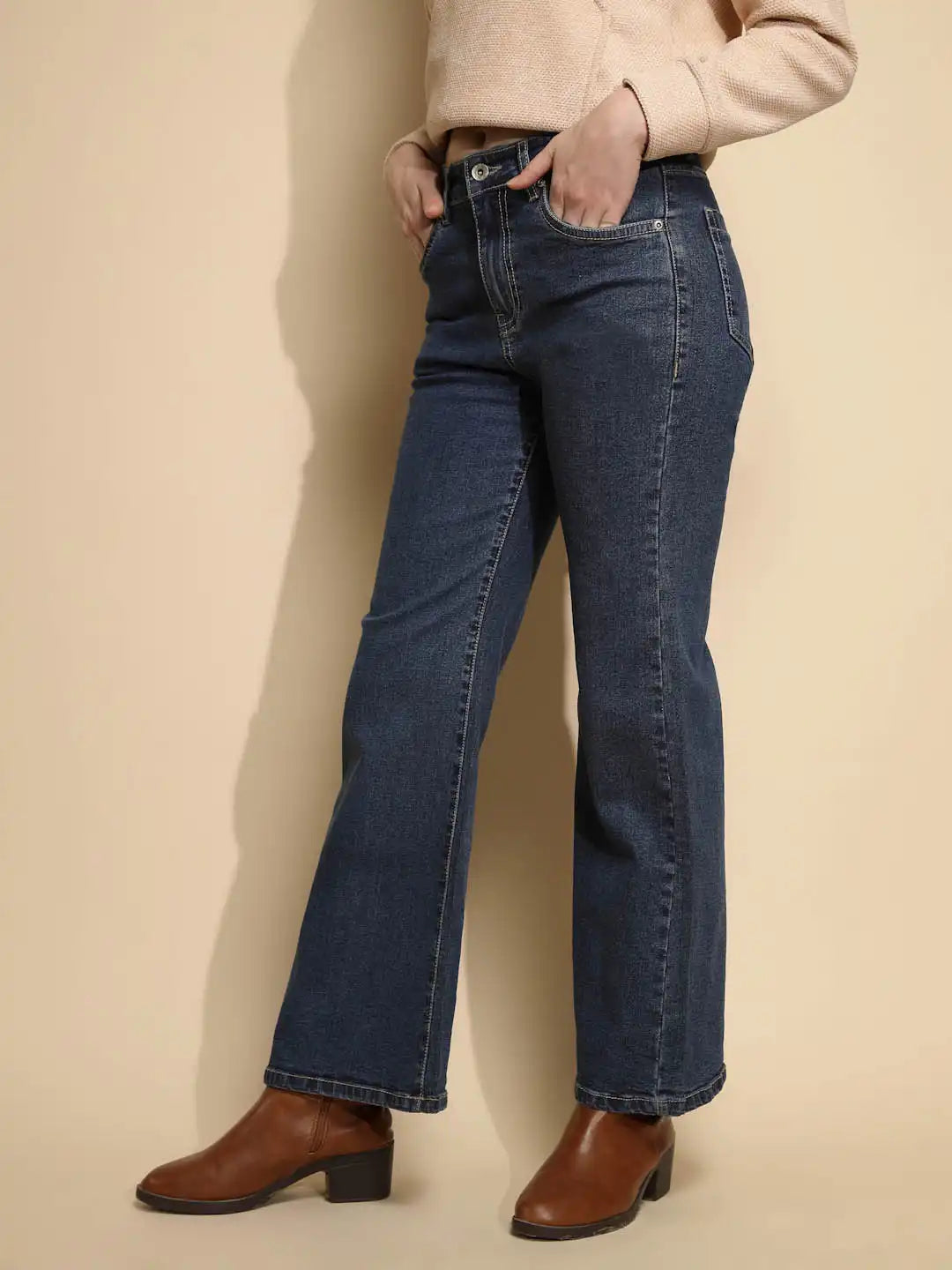 Dark Blue Solid Cotton Blend Mid Rise Wide Leg Jeans - Global Republic