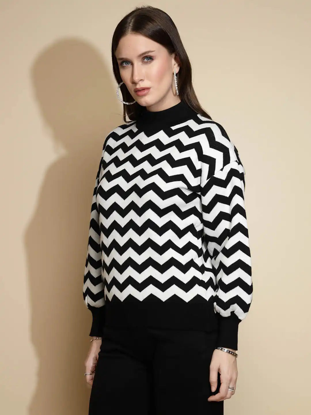 Black Geometric print Full Sleeve Turtle Neck Acrylic Pullover Sweater - Global Republic