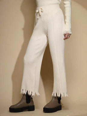 Off White Solid Knitted Mid Rise Fringed Lower