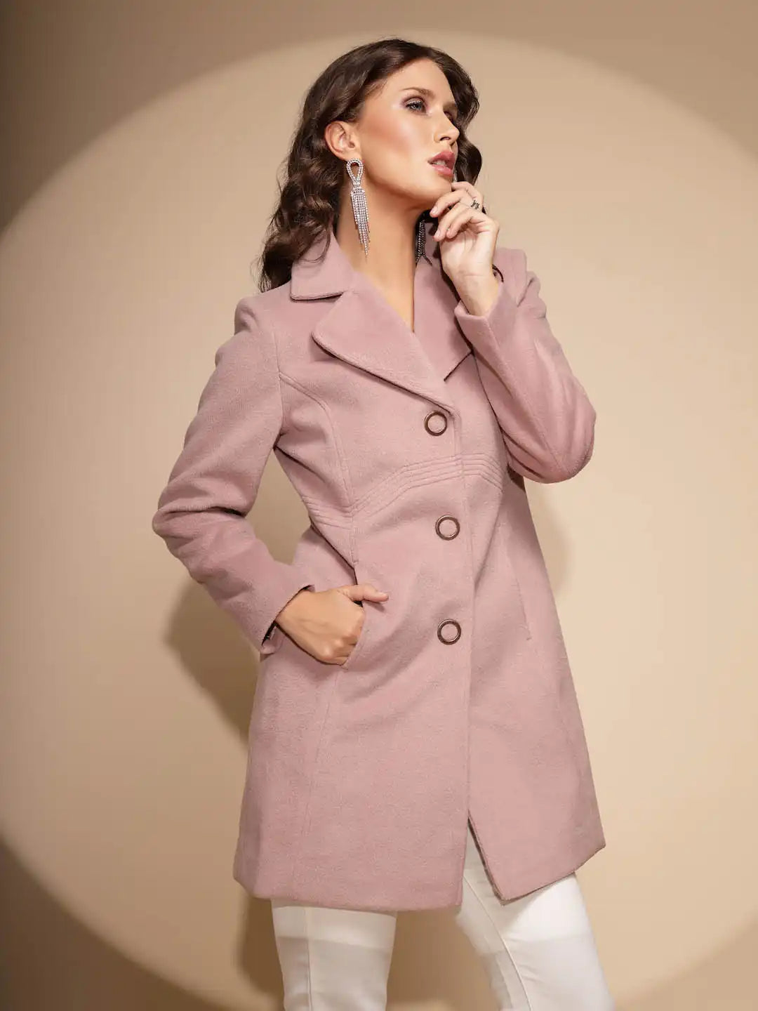 Women's Solid Full Sleeve Pink Long Coat - Global Republic