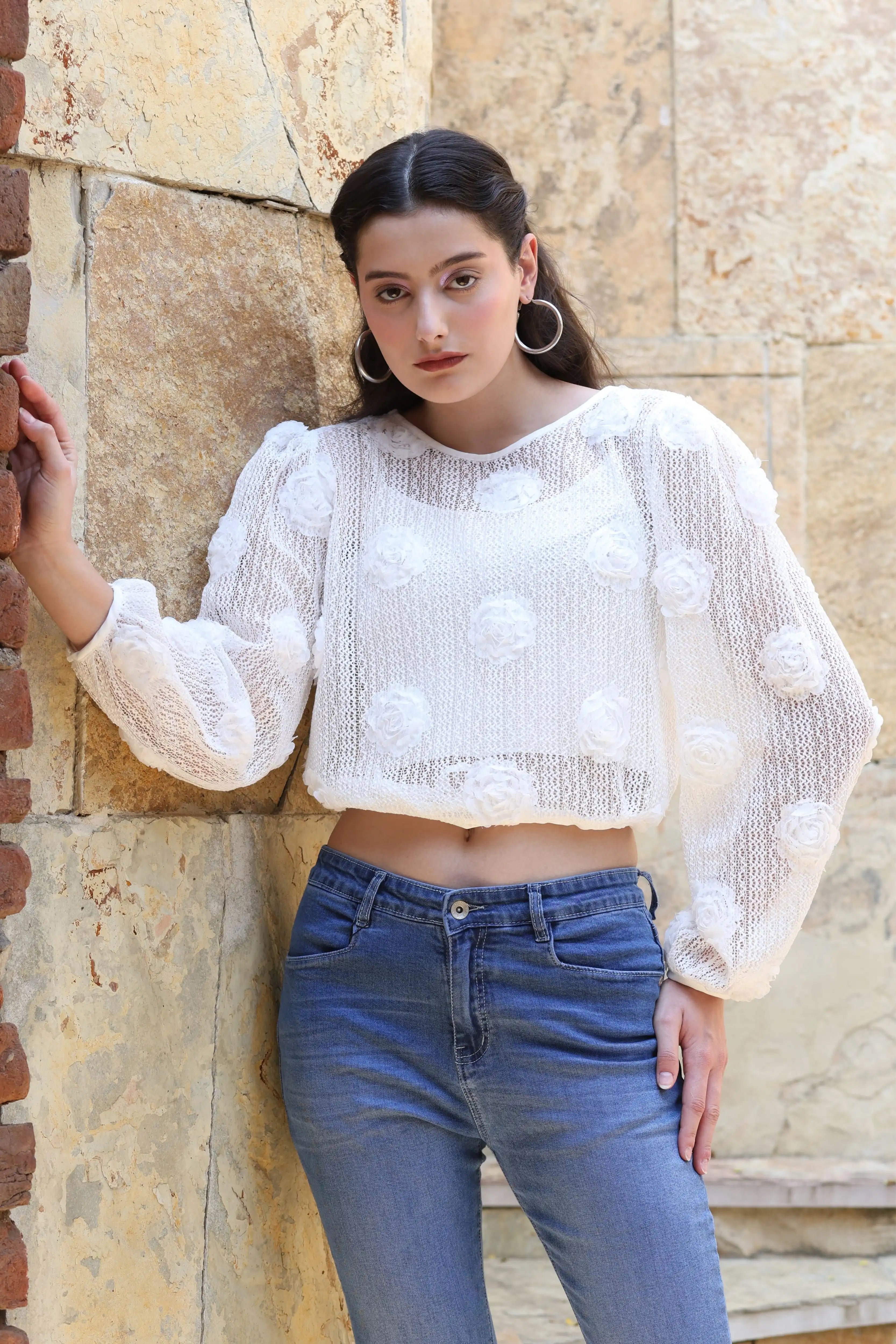White Rose Floral Boxy Fit Sheer Top - Global Republic