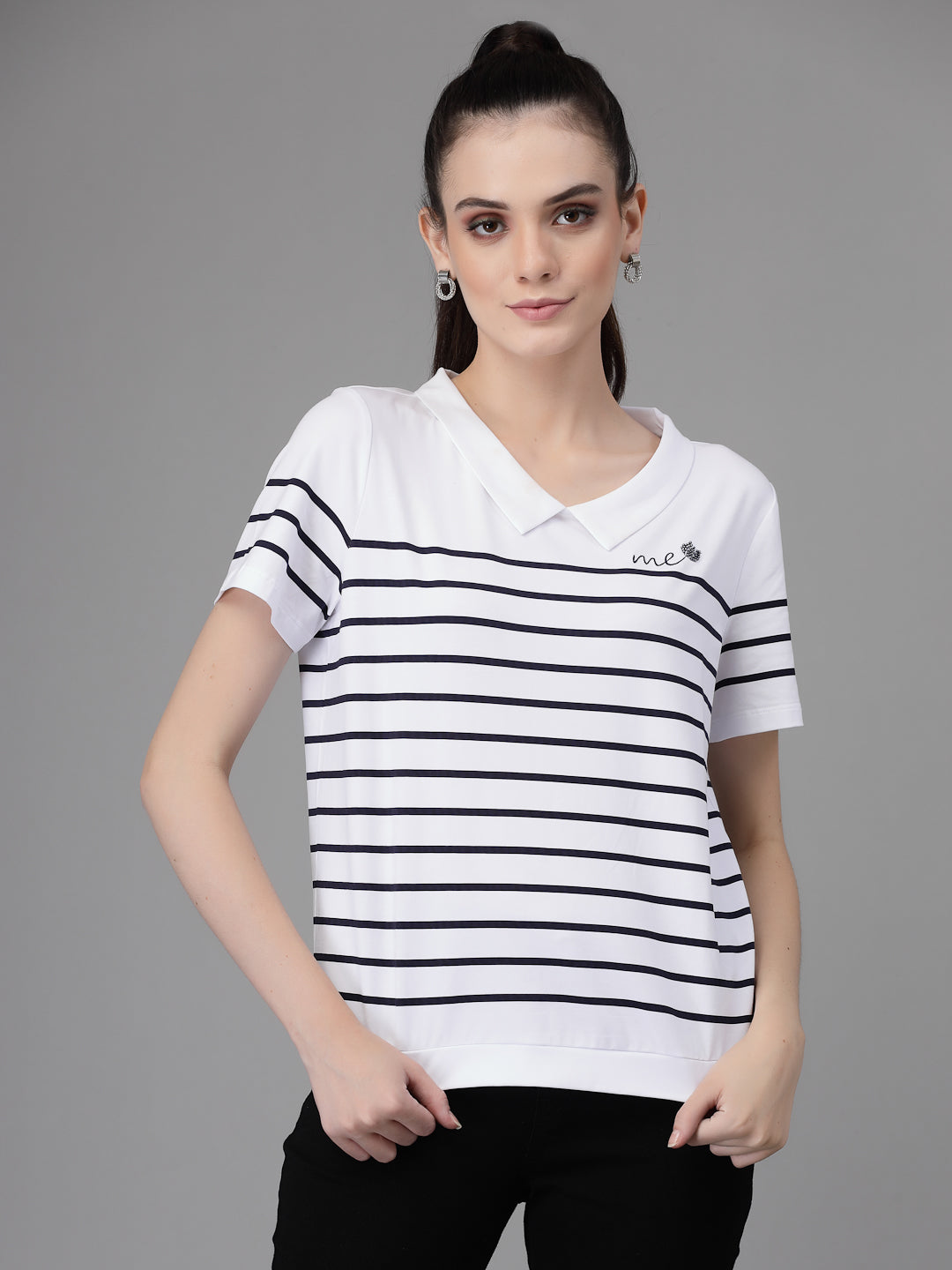 Women Collar Neck Printed White T-Shirt - Global Republic