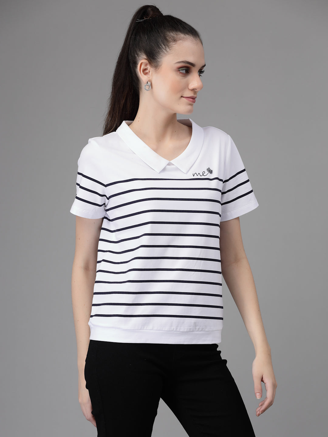 Women Collar Neck Printed White T-Shirt - Global Republic